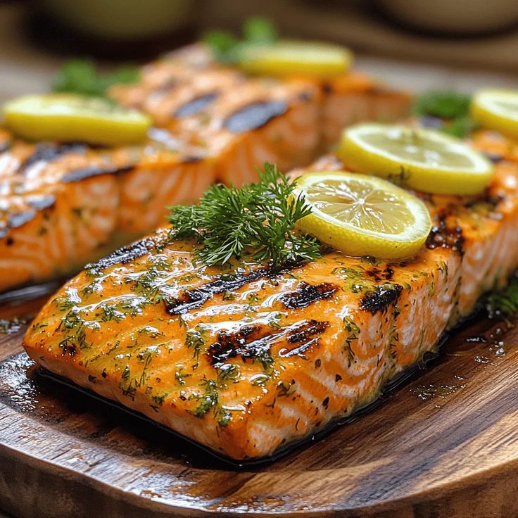 "Grilled salmon served with lemon and herbs at a seafood restaurant in Kollam"